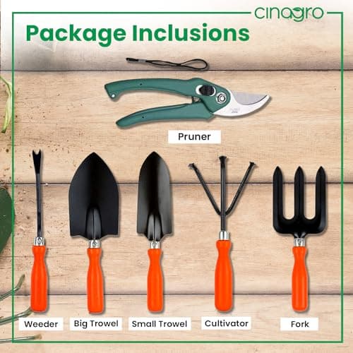 Cinagro Garden Tools Kit (Set of 6) Weeder, 2 Trowels, Hand Fork, Cultivator, Pruner | Gardening Tools Kit for Home Garden, Indoor and Outdoor Gardening for Plants and Soil 2