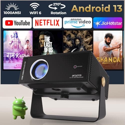 WZATCO Yuva Blaze, Android 13, Smart Home Projector 4k Ultra HD, Native 1080P Fully Automatic, 1000 ANSI Lumens, HDMI ARC, WiFi 6 & BT, Screen Mirroring, Portable Room Cinema, 270° Rotate, Black 3