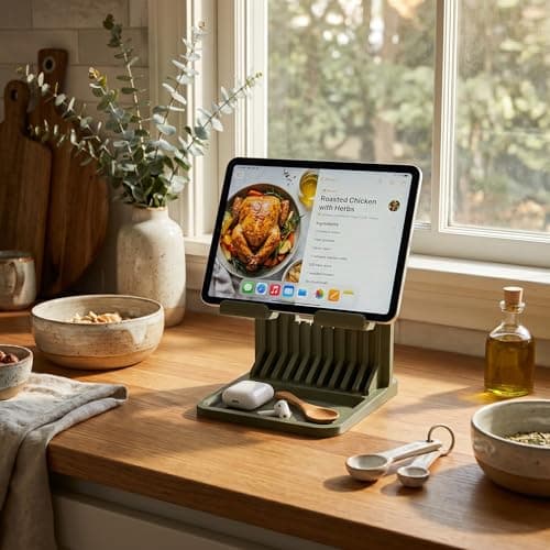 SNAPFIX Universal Tablet Stand with Storage Tray | 3D Printed Desk Holder Compatible with iPad Pro, iPad Air, Samsung Galaxy Tab & Tablets up to 15 mm Thickness | Modern Organizer Stand