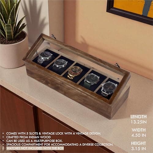 Creation India Craft Vintage Wooden Watch Box for Men, Timepiece Storage & Organizer, Display Case, Jewelry Box for Women, Gift for Husband (5 Grooves (Antique Wood)) 3