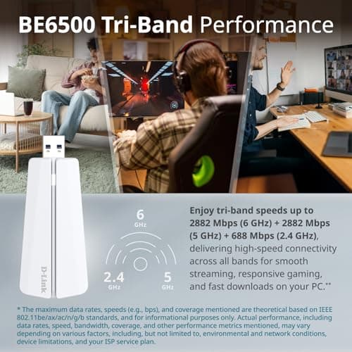 D-Link BE6500 Tri-Band Wi-Fi 7 Wireless USB 3.0 Adapter for Desktop or Laptop PC (AE65U) 2 x High Gain Antennas, 6GHz, 4K-QAM, 160MHz, WPA3 Enhanced Security, Detachable Cradle, Windows 11,10 3