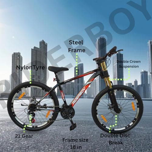 RIDERBOY 26T Steel Frame Mountain Bike with Double Crown Suspension, 21 Speed Gear, Disc Brakes, 18 Inch Frame 4