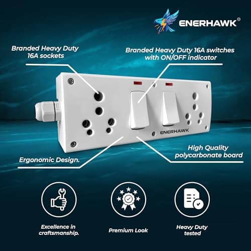 ENERHAWK Heavy Duty Extension Board 16 amp 3000 watt | high Load Capacity Electric Extension Cord Power Strip 1 Meter Copper Cable | 16 amp Socket for AC Refrigerator, Geyser, ev Charger Charging 2