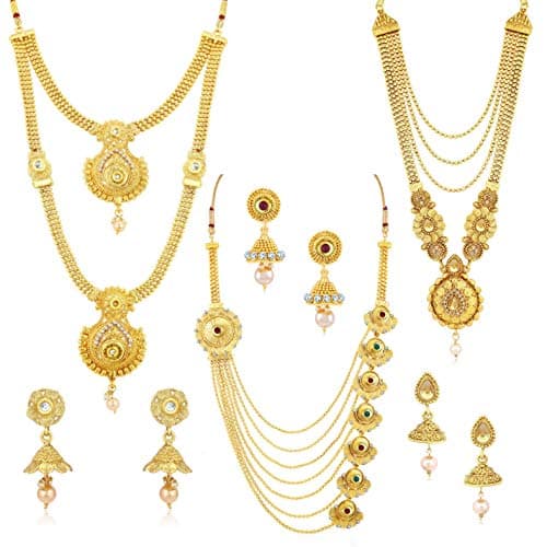 Sukkhi Ethnic Gold Plated Kundan Multi-String Set of 3 Necklace with Jhumki Earrings Combo for Women & Girls (SKR48716)