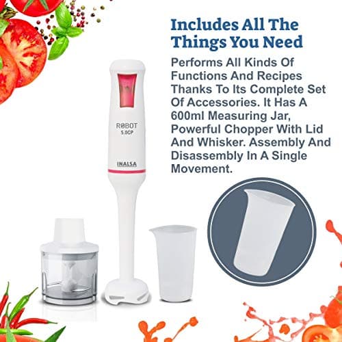 INALSA Electric Hand Blender For Kitchen 500 Watt |Variable Speed|Low Noise|Anti-Splash Technology|Sharp Versatile SS Blade|2 Yr Warranty| Home&kitchen |Chopper,700ml Multipurpose Jar(Robot 5.0 CP) 5