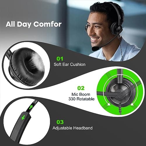 Telephone Headset with Noise Canceling Microphone, Mono Call Center Office Headset with RJ9 Jack & 3.5mm Connector for Landline Deskphone Cell Phone PC Laptop, Work for Polycom Avaya Nortel 5