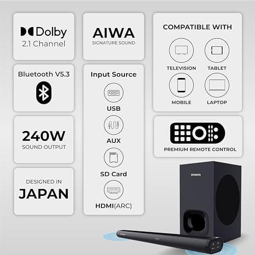 Aiwa Soundbar with Bluetooth V5.3 and Powerful Bass, 6.50 Inches Subwoofer, 2.1 Channel with Remote Control SD Card, HDMI AUX, USB and Optical Connectivity 240W Sound bar | Satori - AW-SSB240 (Black) 3