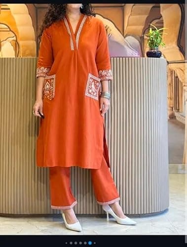 Women's Pure Cotton Co Ord Set l Kurta Sets for Women |Kurta Sets| Printed Kurta with Pant l Stylish Pocket & 3/4 Sleeve Women Co-ord Set (IN, Alpha, XL, Regular, Women, Orange) 3