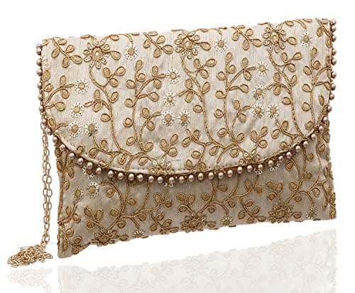 Kuber Industries Women's Handcrafted Embroidered Clutch Bag Purse Handbag for Bridal, Casual, Party, Wedding (Beige, Cream) - CTKTC34515