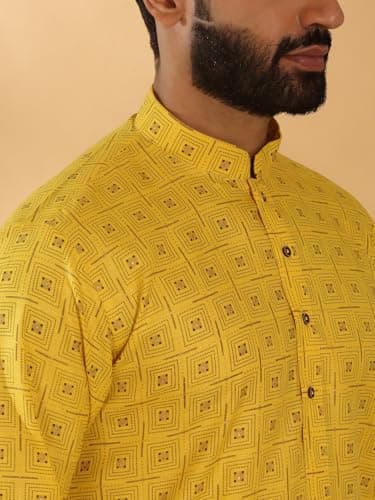 KRAFT INDIA Men Floral Printed Geometric Cotton Blend Straight Yellow Kurta With White Elastic Waistband Pyjama Set (XL) 2