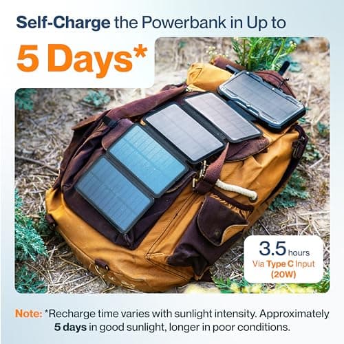 Ambrane Solar Powerbank 10000mAh with 5 Solar Panels, 5 Days Recharge time in Sunlight, 22.5W Fast Charging, USB & Type C Output for iPhone, Android & Other Devices, Led Flashlight (Solar 10k, Black) 4