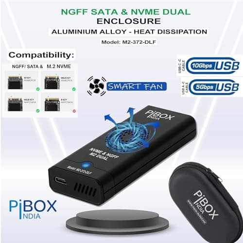 NVME M.2 Fan Enclosure, PiBOX India Dual protocol NVMe/NGFF SATA SSD Enclosure Smart Fan- USB 3.2 10Gbps, Tool-Free M.2 NVMe Case, PCI-E NVMe to USB-C, Supports M, B&M Keys 2230/2242/2280 SSD RTL9210B 2