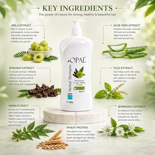 OPAL Herbal Hair Shampoo 1 Litre with Amla, Shikakai & Neem | Paraben Free Shampoo for frizzy and dry hair| Helpful for Hair Growth & Hair fall Control| Herbal Shampoo for Men & Women 3