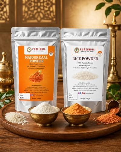 Pure India Handmade Rice Powder & Masoor Dal Powder Combo (100g + 100g) | Natural Ubtan for Face Pack | Skin Brightening, Tan Removal, Exfoliation & Glowing Skin | DIY Face Mask | Total 200g