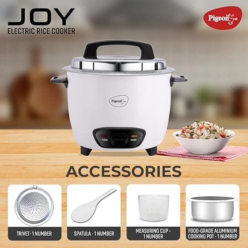 Pigeon by Stovekraft Joy Rice Cooker with Single pot, 1 litres. (White) | Toughened Glass Lid | 400 Watts | Aluminium Cooking Pot | Measuring Cup| Spatula | Energy Efficient Cooking 4
