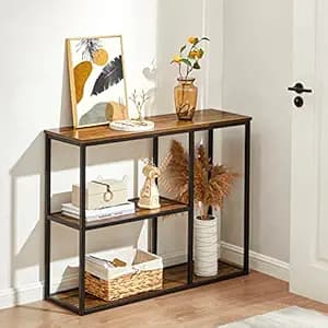 WOHOMO Console Table, Modern Sofa Table with 3-Tier Storage Shelves, 12'' Narrow Industrial Entryway Table for Living Room, Corridor, Hallway, 31.5" x12''x31.5'' Rustic Walnut