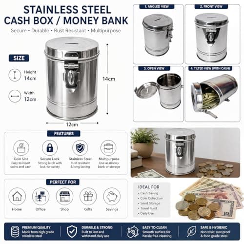 ALLISABLE Stainless Steel Money Box with Coin Slot Lid and Locking Clasp, Silver, Cylindrical Piggy Bank Pack of 1 10 * 14cm 2