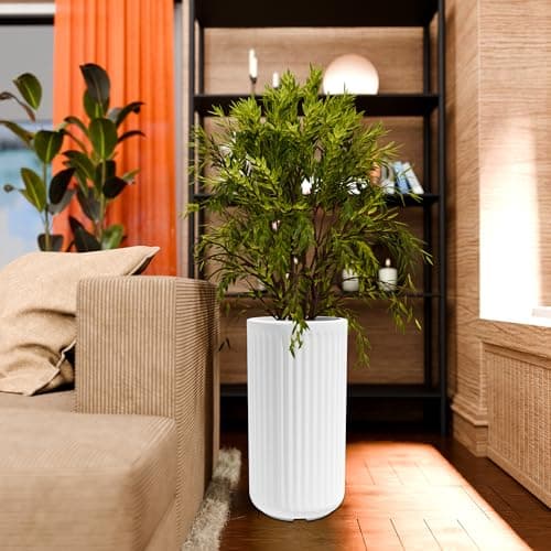 YUCCABEE Italia Fox B KIA Tall Floor Planter 24 Inch Premium German Polymer Indoor Outdoor Plant Pot Raised Base Lightweight UV Protected Modern Round Planter White