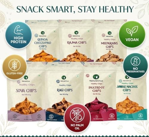 NatureOnus High Protein Chips Combo Pack of 7 (301g) | 7 Snacks Pack x 43g | Ragi, Beetroot, Multigrain, Jowar, Quinoa, Soya & Rajma Chips | Gluten-Free, No Maida, No Preservatives, No Palm Oil, High  2