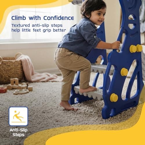 Amazon Brand - Solimo Penguin Slide for Kids 2–5 Years | Indoor & Outdoor | Basketball Hoop & Ball | Anti-Slip Steps | Wide Platform | Max Load 20kg | Blue & White 2