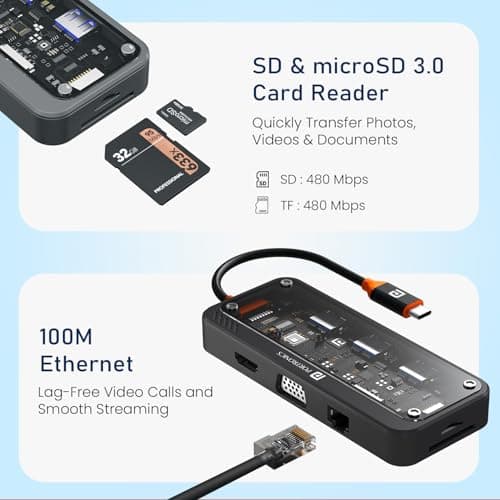 Portronics MPort View Three 10-in-1 USB-C Docking Station, 100 W PD Charging, 4K HDMI, VGA, RJ45 Ethernet, SD/TF Card Slots, USB 3.0/2.0 Ports, 3.5 mm Audio, for All Type C Devices, Windows/MacBook 6