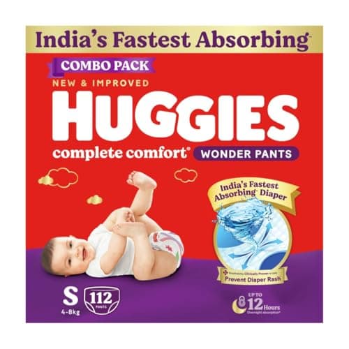 Huggies Complete Comfort Wonder Pants | Pant Style Baby Diapers Small Size (S), 112 Count | India's Fastest Absorbing Diaper, Prevents Diaper Rash, Ideal for 4 to 8 Kgs (56 Count, Pack of 2) 3