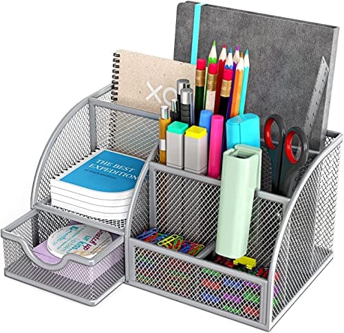 Handcuffs Desk Organizer Metal Mesh Pen and Pencil Storage Box with 6 Compartments | Stationary | Supplies | Holder | Study | Table Organiser | Office | Accessories (Grey)