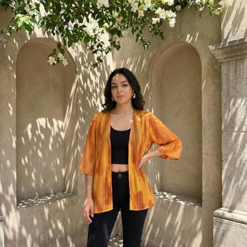 DRESSITUDE Women’s Orange Striped Kimono Shrug | Open Front Cardigan | Casual Summer Layer Shurg | Boho Beachwear Cover-Up-2XL 4