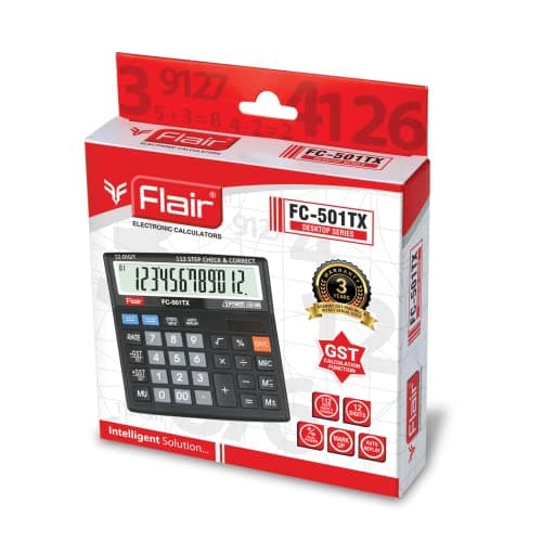 Flair FC-501 TX Desktop Series GST Calculator | 12 Digits Calculator | GST Calculation Function | Dual Power with Solar | 112 Steps Check & Correct | for College & Corporate Use| Black, Pack of 1 5