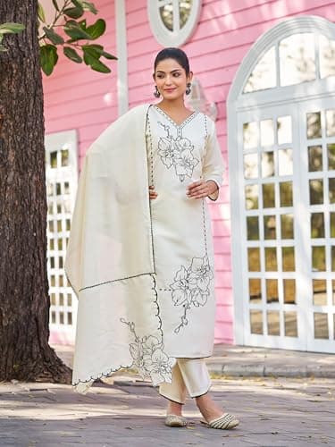 SWORNOF Kurta Set for Women with Dupatta | Premium Cotton Blend Solid Kurta Set for Women with Dupatta | Thready Work | Soft and Skin Friendly | Kurta Pant Set (WHITE, M) 3