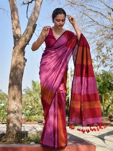 BEAUTY SAREE Women Cotton Saree With Blouse Piece., Multicolor 5.5 Meter With Running Blouse (PINK-BROWN) 5