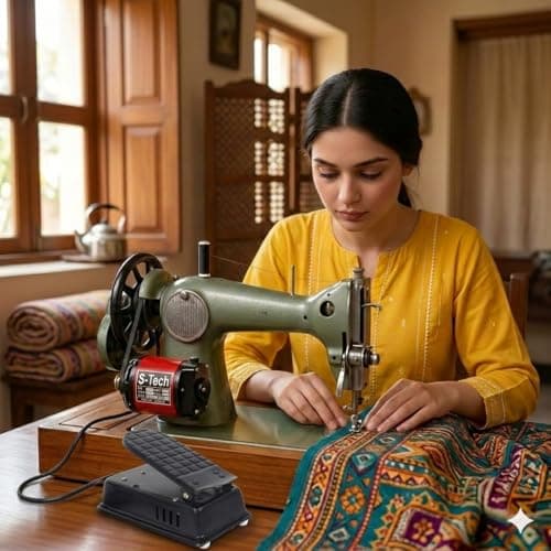 Pro Domestic Mini Electric Sewing Machine Motor 1/20 HP 4500 RPM | Heavy Duty Foot Controller with Long Wire | Domestic Silai Machine Ki Motor Set 2 Carbon & Belt | 220V | 6 Months Warranty (Red) 3