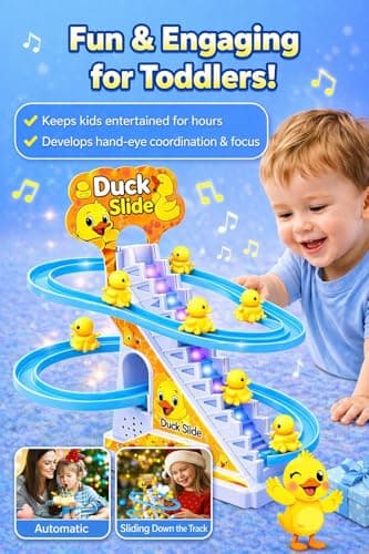 TEC TAVAKKAL Duck Slide Toy Set, Funny Automatic Stair-Climbing Ducklings Cartoon Race Track Set Duck Roller Coaster Escalator Toy with Flashing Lights & Music (Duck Slide Track Set) 3