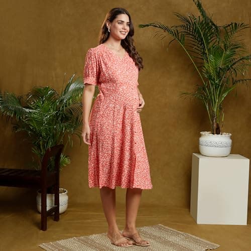 MomToBe Women's Rayon Maternity Dress with Zippers for Nursing Pre and Post Pregnancy (Sunkist Coral ; Medium) 3