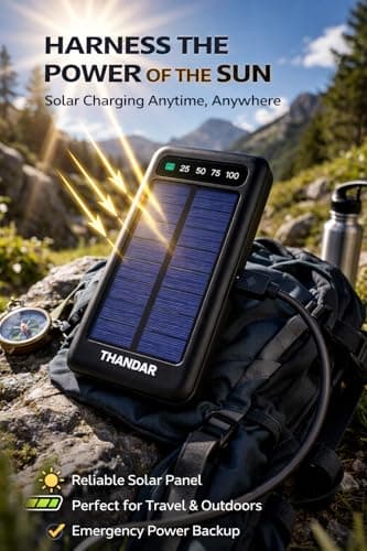 THANDAR 10000mAh Solar Power Bank Fast Charging Waterproof Dual USB with LED Display, Outdoor Portable Charger with Type-C Cable 2