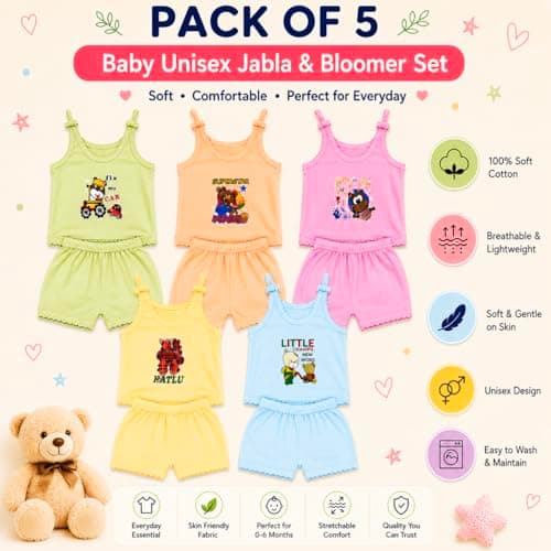 Krithvik Baby Boys & Girls Cotton Jhabla & Shorts Set | Sleeveless Vest & Strap Top with Bloomer | Snap Button | Soft Breathable Cotton | Unisex Newborn Clothing | 0-6 Months | Pack of 5 | Multicolor 2