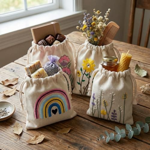 Greenfold 20 Pcs Embroidered Cotton Drawstring Pouches | Reusable Small Gift Bags for Jewelry, Coins & Return Gifts | Eco-friendly Cotton Potli Bag With String Closure | Multipurpose Organizer 2