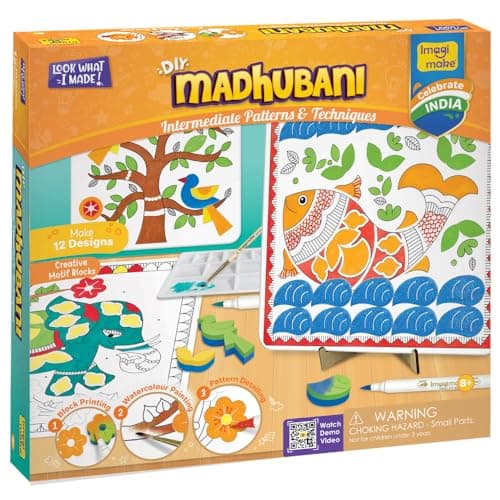 Imagimake DIY Madhubani Art Kit | Make 12 Paintings | Madhubani Painting & Colouring Kit Using Water Brush Pen & Stamps | Art & Craft Kit for Kids & Adults | Gift for Girls Age 8,9,10,11,12