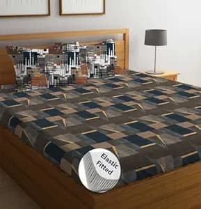 LOOMLYFE 300 TC Cotton Feel Glace Cotton Elastic Fitted Printed Super King Size Bedsheet with 2 Pillow Covers Fits Upto 12 inches Mattress,Size- 72X78 Inches, CoffeeBlueBox