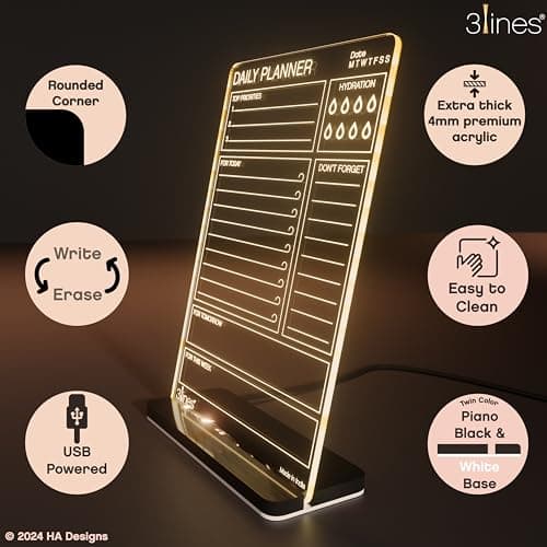 3 Lines Glowrite Illuminate Your Ideas! Acrylic LED Writing Board with USB Stand/Base | Ideal for Home & Office | Unique Gift | Made in India | with 2 Markers | Daily Top Priorities | Regular 2