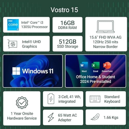 Dell 15, Intel Core i3 13th Gen -1305U, 16GB DDR4, 512GB SSD, FHD, 15.6"/39.6cm, Windows 11, Microsoft Office Home 2024, Carbon Grey, 1.66Kg, [Vostro 3530], Intel UHD Graphics, Thin & Light Laptop 2