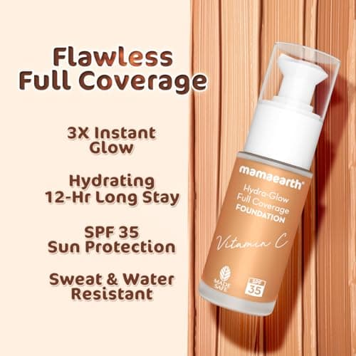 Mamaearth Hydra-Glow Full Coverage Dewy Finish Liquid Foundation With Vitamin C & Turmeric- 30 Ml|Full Coverage|Gives 3X Instant Glow|12-Hour Long Stay & Hydration|Spf 35|Non-Drying (04 Sun Glow) 4