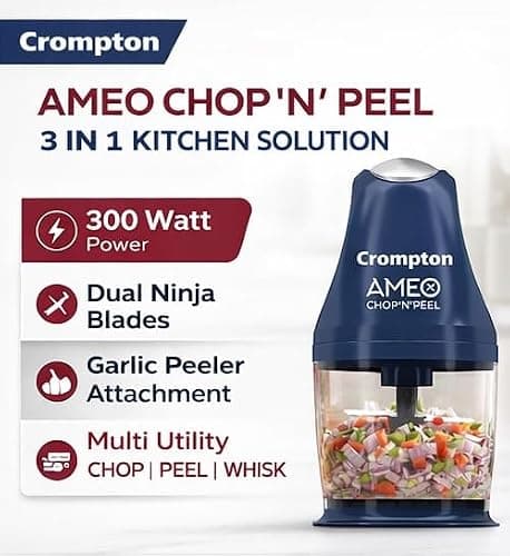 Crompton Ameo Chop'N'Peel Vegetable Chopper - 300W Motor | Twin S Shaped Ninja Food Grade Blades | 800ml See Through Food Grade Bowl | Garlic Peeler | Whisking Attachment | Easy Clean & Store 3