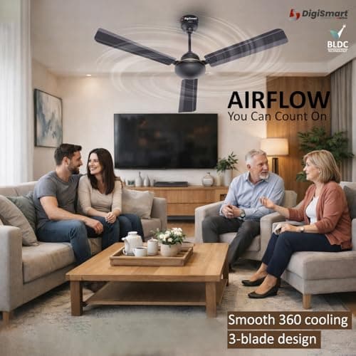 DIGISMART Storm 1200 MM BLDC Ceiling Fan with Remote, 28W Energy Efficient, 225 CMM Air Delivery, 65% Power Saving, Low Noise, Reverse Mode, Smart Memory, 3 Blade, 5 Year Warranty, Smoke Brown 2