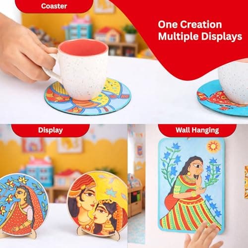 Kores Madhubani Art Kit for Kids (8–18 Years) | Traditional Indian Folk Art DIY Kit | Paint 4 Coasters & 2 Wall Hangers | 40+ Elements | Creative Craft Set 3