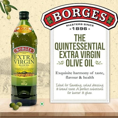 Borges Extra Virgin Olive Oil - 1L Glass |Unrefined & Cold Pressed Oil|Packed in Spain |75% MUFA | Rich in Antioxidants | Ideal For low heat cooking like sauteing & grilling, salad dressing 3