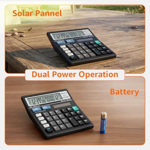 Amazon Basics Electronic Calculator (AB-512A) | 12 Digit Large Display | Dual Power (Solar + AAA Battery) | 30° Angled Screen | Big Button Design | 13 x 13 cm | Black | for Office, School & Home 4