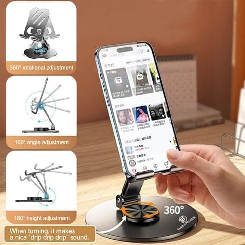 Dailymates TS01 Mobile Stand, 360° Rotatable Phone Stand for Table, Multiple Height & Angle Adjustments, Stable Metalic Round Base with Silicon Pad, Compatible with All Smartphones & Tablets 4