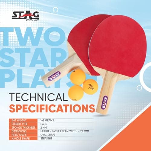 STAG ICONIC 2 Star Table Tennis Playset with Orange Balls | 2 Ping Pong Rackets & 3 ABS Balls | Beginner TT Bat Set for Practice & Recreation | Lightweight, Durable & Ergonomic Design 4