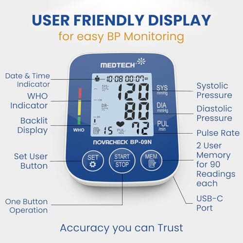 MEDTECH BP09N Fully Automatic Digital BP Monitor |Arm Portable, Lightweight Blood Pressure Machine | Accurate BP Machine Digital for Home | USB-C Port | Blood Pressure Monitoring Device, White 2